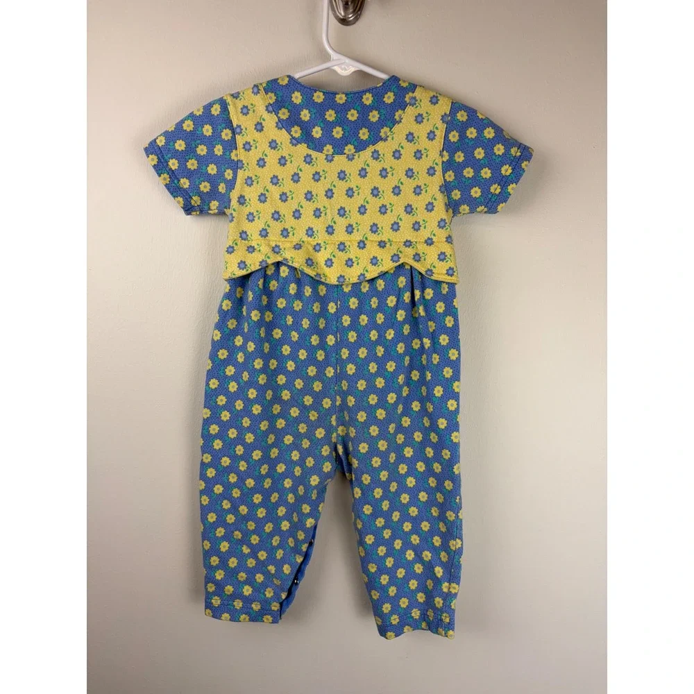 Vintage 1990s Gymboree Romper XS Blue Yellow Floral French Country Jumpsuit
